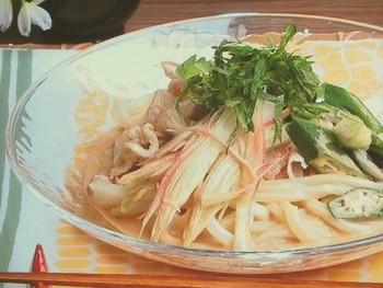 【キューピー３分クッキング】豚しゃぶ、オクラ、みょうがのごまだれうどんのレシピ・石原洋子