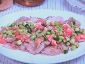 豚肉のソテー 枝豆と夏野菜のソース