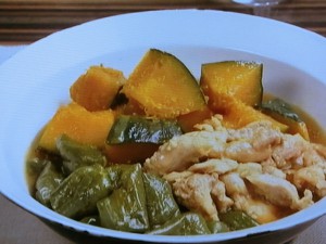 【キューピー３分クッキング】かぼちゃ、ピーマン、鶏肉の煮もののレシピ・石原洋子