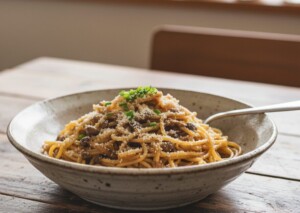 ヒルナンデスのレシピ・なめ茸とチーズのパスタ