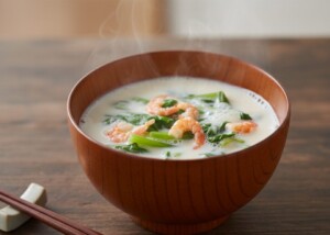ひるおびのレシピ・春菊と桜エビの豆乳みそ汁