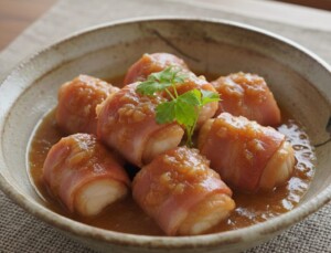 食卓のひみつのレシピ・タラのベーコン巻きモッチリあんかけ