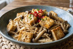 どさんこワイド179のレシピ・キノコと豆腐のマヨしょうゆ炒め