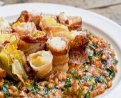 沸騰ワード10のレシピ・長ネギの豚肉巻き 納豆オレンジソース