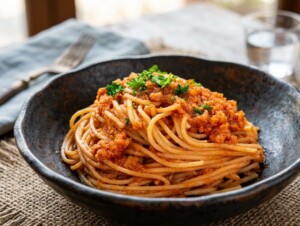 トリセツショーのレシピ・おからのそっくりラグーソースパスタ