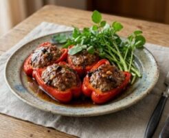 ぺこもぐキッチンのレシピ・パプリカの肉詰めウーロン茶煮