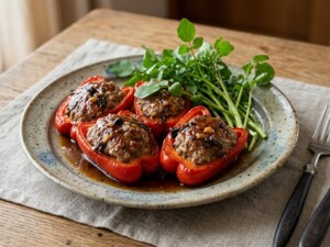 ぺこもぐキッチンのレシピ・パプリカの肉詰めウーロン茶煮