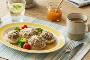 滝沢カレン&和田明日香のフィーリンきっちんのレシピ・新玉ねぎのスープ蒸しハンバーグ