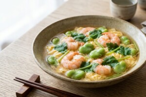きょうの料理のレシピ・そら豆とえびの卵とじ