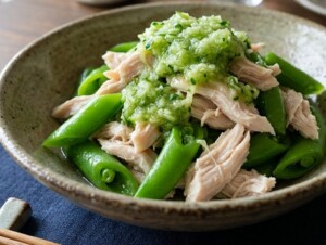 きょうの料理のレシピ・ささ身とスナップえんどうの緑酢あえ