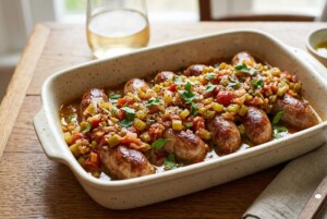ぺこもぐキッチンのレシピ・ソーセージのレンチンベジタブルソース