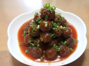 キューピー3分クッキングのレシピ・ブルーベリージャムの甘酢肉だんご