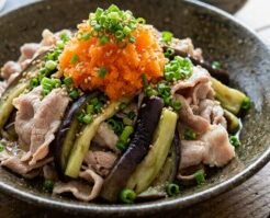 きょうの料理のレシピ・なすと豚しゃぶのおろしにんじんあえ