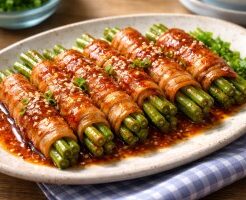 NHKきょうの料理ビギナーズのレシピ・いんげんの肉巻き キムチだれ