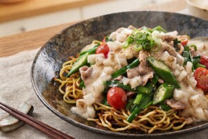 ノンストップのレシピ・夏野菜の山かけ焼きそば