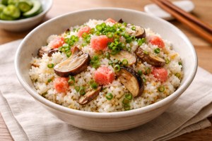 きょうの料理ビギナーズのレシピ・たらこと焼きしいたけ、細ねぎの混ぜご飯
