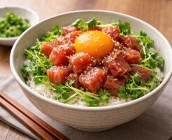 キューピー３分クッキングのレシピ・まぐろユッケのスタミナ丼