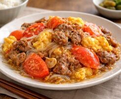 どさんこワイド179のレシピ・ラム肉のトマたま炒め