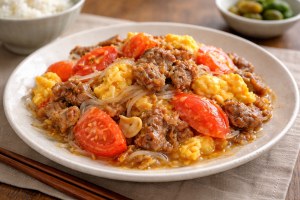どさんこワイド179のレシピ・ラム肉のトマたま炒め