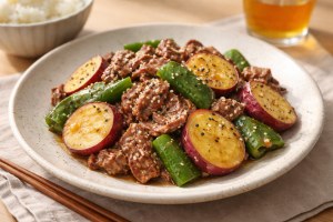 キューピー３分クッキングのレシピ・牛肉とさつま芋のごまみそ炒め