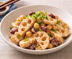キューピー3分クッキングのレシピ・れんこんと豆のピリ辛マヨあえ