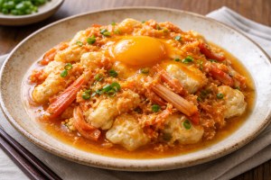 ぽかぽかのレシピ・赤いカニ玉（キムチカニ玉）