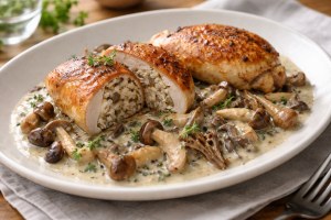 沸騰ワード10のレシピ・鶏肉のアンチョビご飯詰め キノコクリームソース